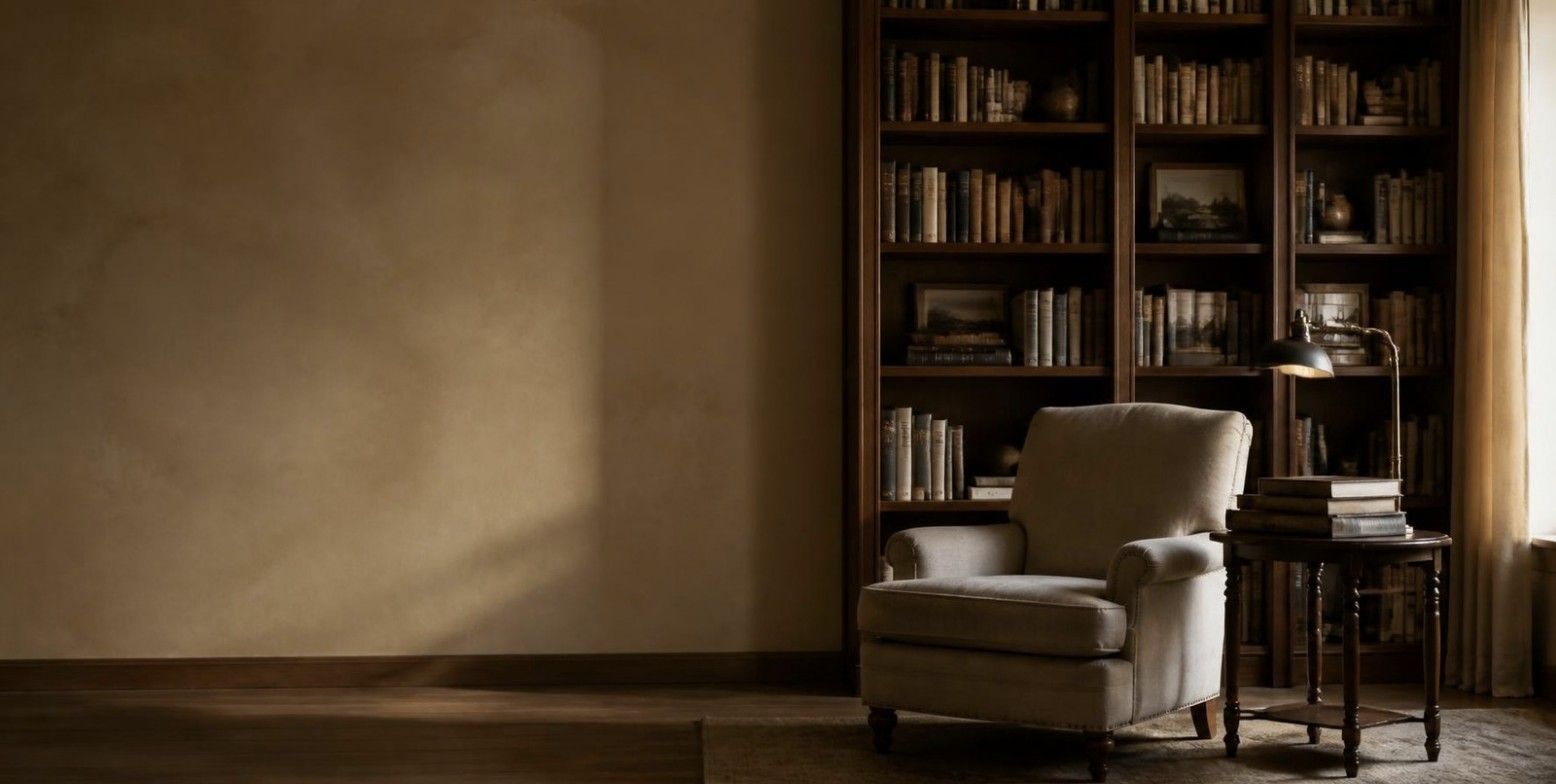 A reading chair beside tall bookshelves